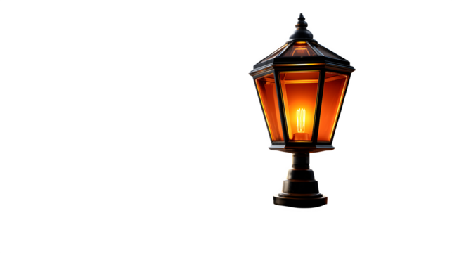 Old-fashioned lantern casting warm light on dark cobblestone street isolated on transparent background