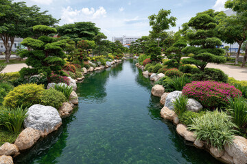 Serene landscape featuring tranquil waterway surrounded by lush greenery and vibrant flowers. scene is enhanced by carefully arranged rocks and trees, creating peaceful atmosphere