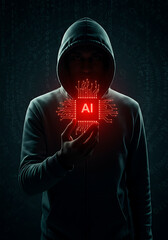 AI Hacker in the Shadows: A mysterious figure cloaked in darkness holds a glowing AI microchip, symbolizing the potential risks and power of artificial intelligence in the digital world.