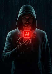 AI Hacker: Mysterious figure in hoodie holding glowing AI chip. Dark background with digital rain. Concept of AI threat, cybersecurity, or technological singularity. 