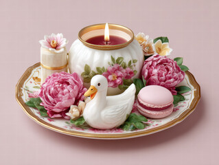 Decorative plate features white ceramic duck, pink candle, and macarons surrounded by pink peonies and small flowers, creating charming and elegant display