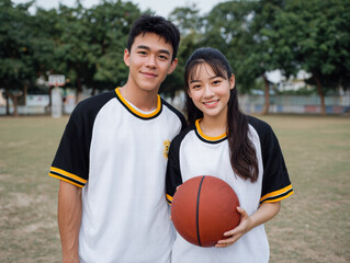Young athletes smiling together on basketball court, wearing matching sports jerseys, holding basketball. scene conveys teamwork and friendship in vibrant outdoor setting