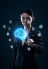 Future Vision: An elegant Asian woman in a sharp business suit gazes thoughtfully while interacting with a glowing digital representation of the brain, surrounded by futuristic interface elements.