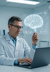 Neuroscientist at Work: A focused neuroscientist, wearing glasses and a lab coat, studies a digital brain model on his laptop.