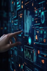 A hand interacting with a futuristic interface displaying data visualizations and digital information
