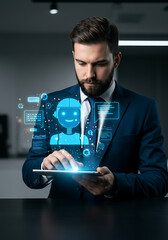 Businessman using AI assistant on tablet: A focused businessman in a suit uses a tablet, interacting with a holographic AI assistant interface. The scene is set in a modern office.