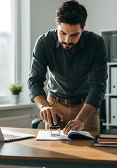 Businessman Stamping Document: A focused businessman meticulously stamps a document at his office desk, showcasing professionalism and attention to detail.