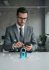 Cybersecurity Professional Navigating Digital Security: A sharp professional in a modern office, engrossed in securing data on his smartphone.