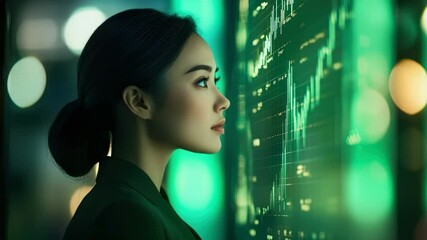 Asian businesswoman analyzes stock market data on a green screen - Powered by Adobe