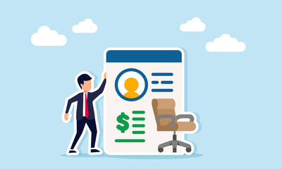 Businessman near office chair and app interface showing profile and dollar sign illustration of a company business investor profile