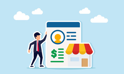 Businessman near store and app interface showing profile and dollar sign illustration of business owner profile with wealth valuation