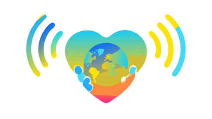 Global connection heart icon showing people around the world linked by wireless network and technology