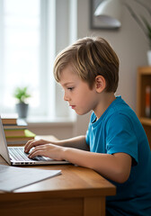 Young Scholar and Technology: A focused young boy engrossed in using a laptop, bathed in the soft light of a home, symbolizing learning and tech-savviness.