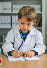 Aspiring Young Doctor: A focused young boy dressed as a doctor, intently writing in a notepad while wearing a stethoscope, portraying innocence and a future vision of healthcare and medicine.