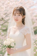 桜の中で微笑むウェディングドレスの女性