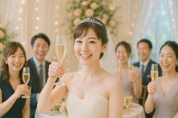 披露宴で乾杯する笑顔の花嫁とゲストたち