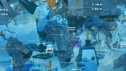 Lab tech selecting sample tube, mixing and pipetting under world map overlay for network analysis - Powered by Adobe