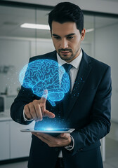 Innovative Mind: A modern professional interacts with a holographic brain, visualizing innovation and intellectual exploration in a sleek, contemporary setting.