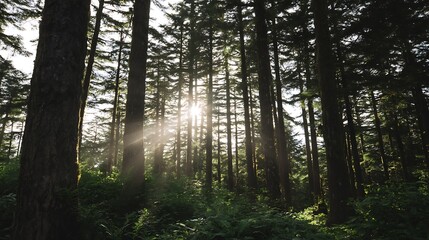 Obraz premium Sunlight filtering through a dense forest