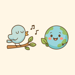 Cartoon Earth with flying bird icon, cute eco-friendly style for children’s books, environment education, and climate art