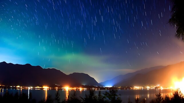 Star trails over a mountain lake
