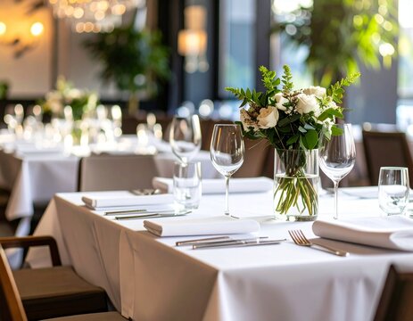 Elegantly set table for a romantic wedding reception with beautiful floral arrangements