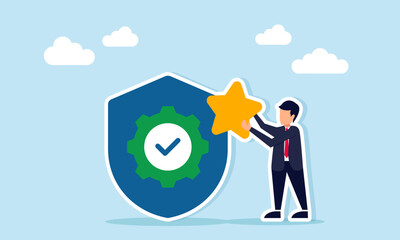 Businessman holding a star near a shield with a checkmark illustration of validation and verification for business quality standards