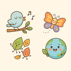 Planet Earth with cute bird, leaf, and butterfly – smiling nature characters for children’s climate education, sustainability awareness, and green environment design