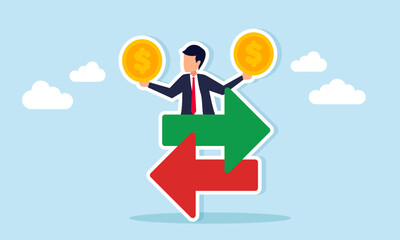 Businessman holding dollar coin emerging between two opposite arrows illustration of sharing company profit or business dividend