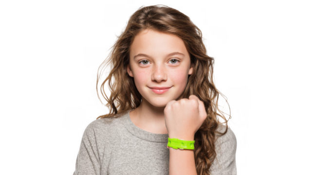 Caucasian preadolescent girl with long wavy brown hair wearing a gray shirt is showing her bright green wristband with a confident and proud expression on her face