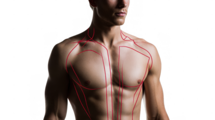 Red lines highlight the muscular structure of a male torso against a transparent background, emphasizing the definition and form of the muscles
