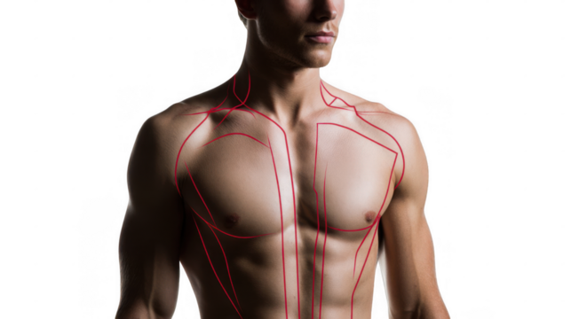 Red lines highlight the muscular structure of a male torso against a transparent background, emphasizing the definition and form of the muscles