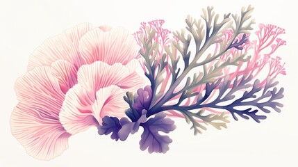 A stylized illustration depicting delicate pale pink coral alongside vibrant shades of purple and green seaweed set against a clean white background