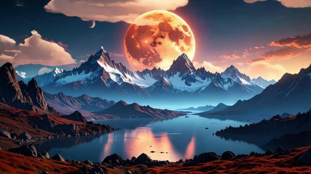 Otherworldly mountain lake landscape with orange supermoon and snow capped peaks in a dreamlike fantasy vista