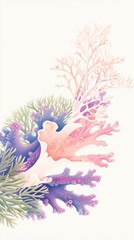 Stylized illustration of a flowing cluster of pastel-colored coral and seaweed in a beautiful composition on a clean white background for marine art