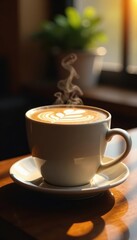 Steaming latte art in a ceramic mug, sunrise glow , caffeine, beverage