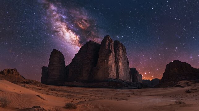 Arab stock photography of the Saudi Arabian desert at night with stars and the Milky Way, with huge rock formations
