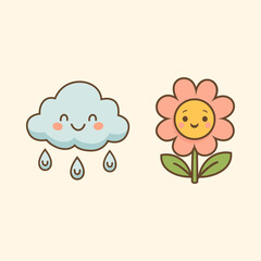 Smiling flower and rain cloud cartoon – cute kids weather illustration with raindrops and sunny flower for education, storybook, and eco design