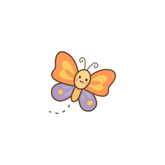 Cute butterfly flying near happy flower – colorful spring doodle illustration for kids education, seasonal decoration, garden design, and children storybooks