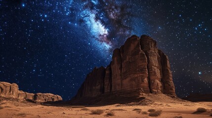 Arab stock photography of the Saudi Arabian desert at night with stars and the Milky Way, with huge rock formations