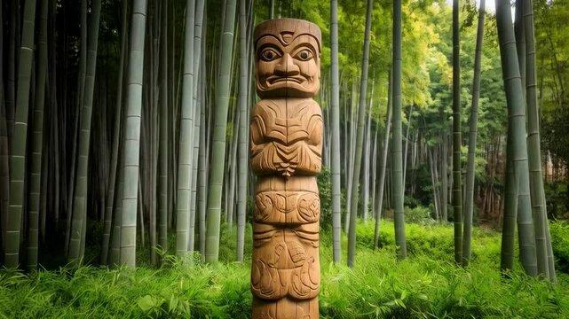 Hand carved wooden totem pole amidst lush green bamboo forest backdrop, tranquil woods scene