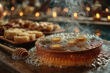 Honey Dripping into Warm Syrup with Sweet Treats in Background