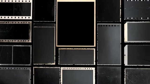 Arrangement of diverse old photo frames and film strips on a black background, creating a nostalgic and archival photographic collage.