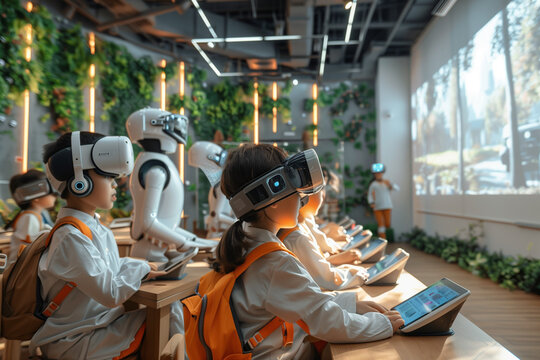 Children exploring futuristic education with holograms, AI robots, and smart learning walls in bright classrooms.