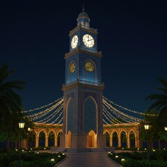 Night View of an Ornate Clock Tower Illuminated with Festive Lights