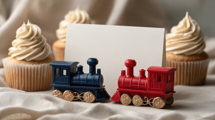 Blank White Greeting Card with Red and Blue Train Toys and Cupcakes in Soft Bakery Background