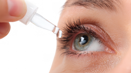 Close up of doctor applying eye drops into patient's eye, providing relief and treatment for various eye conditions on a transparent background