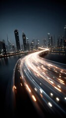 Fototapeta premium Futuristic City Nightscape Glowing Light Trails on Highway