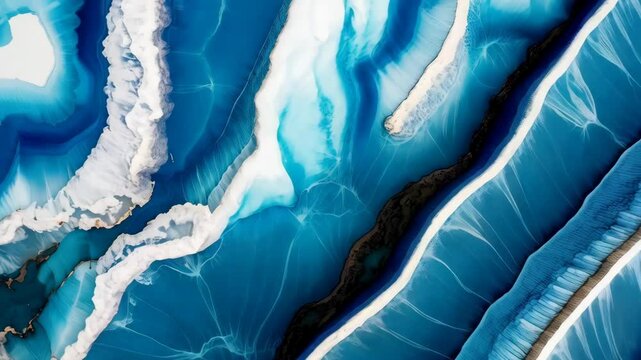 Abstract artwork featuring swirling textures of blue, white, and gold, reminiscent of marble or agate stone with fluid paint effect.