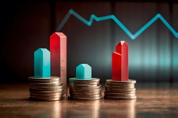 Financial data visualization with colorful bar charts on stacks of coins and a declining line graph in the background

